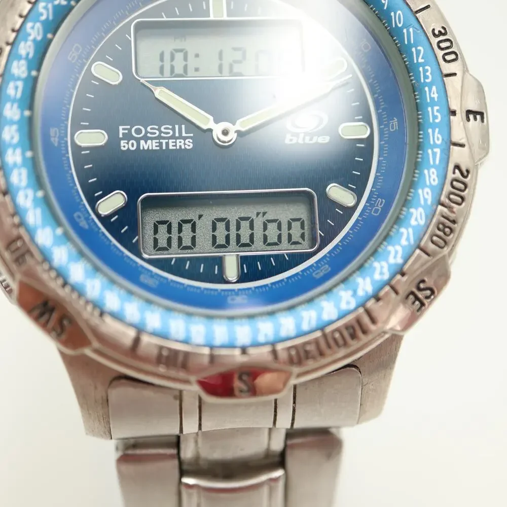 Vintage Fossil Blue Ana Digi 43mm Watch Alarm Chrono Timer Backlight AM3199